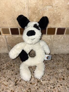 Jellycat Plush Bashful Puppy Dog Ring Baby Rattle Soft Toy White Black 7" #D67